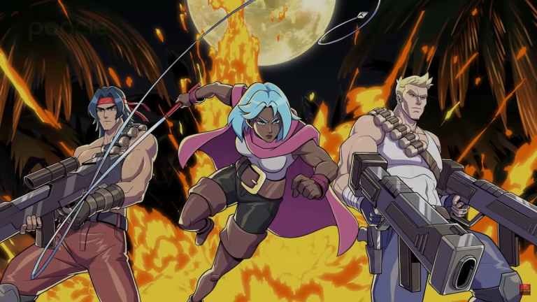 tres personajes del juego en pose heroica con una explosion de fondo