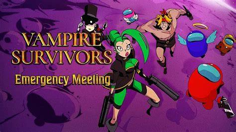 los personajes de vampire survivor junto a los personajes de among us en un planeta morado vistos desde un plano en picado