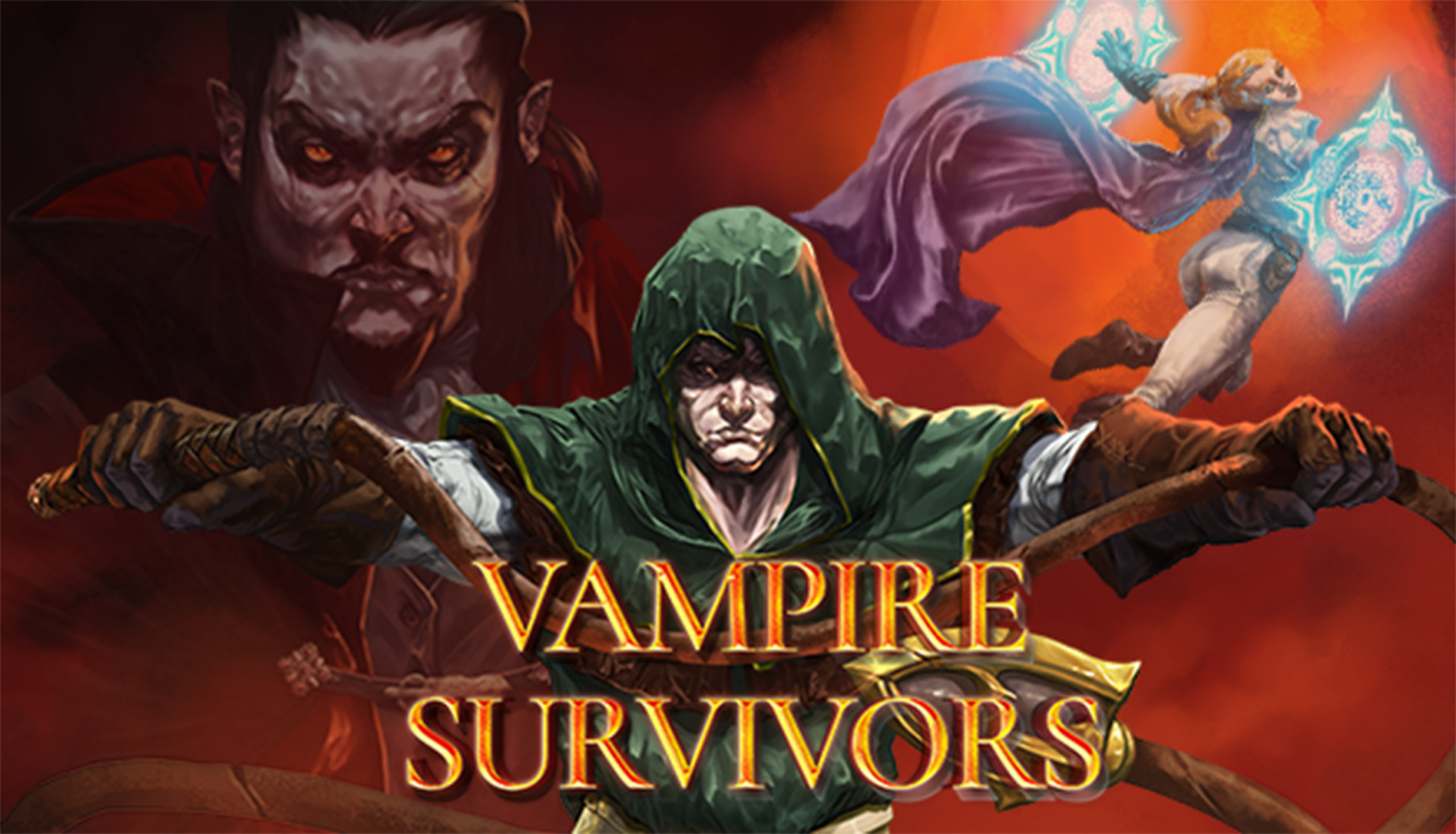 portada del juego con el personaje principal en primer plano y un vampiro de fondo en un fondo rojo